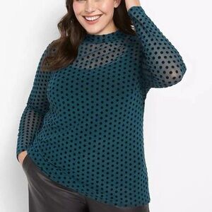 Lane Bryant Mock Neck Teal Flock Polka Dot Sheer Mesh Top Size 18 20 New NWT